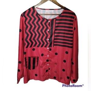 Miss Look Stunning Red with Black Geometric Design Button up Long Sleeve Blouse